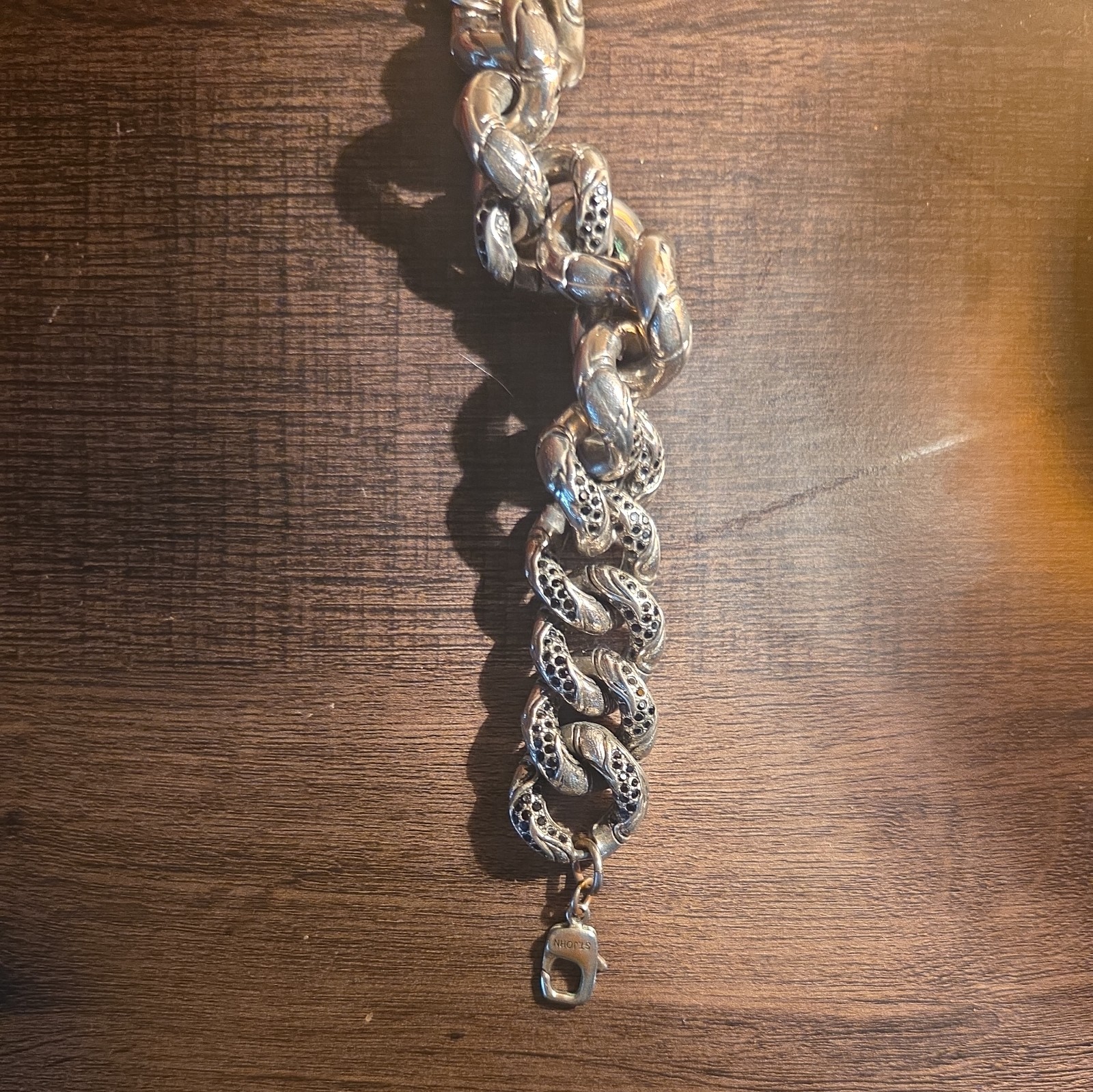 St John Chunky Link Bracelet Silver Tone W/Black Crystals Lobster Claw Clasp