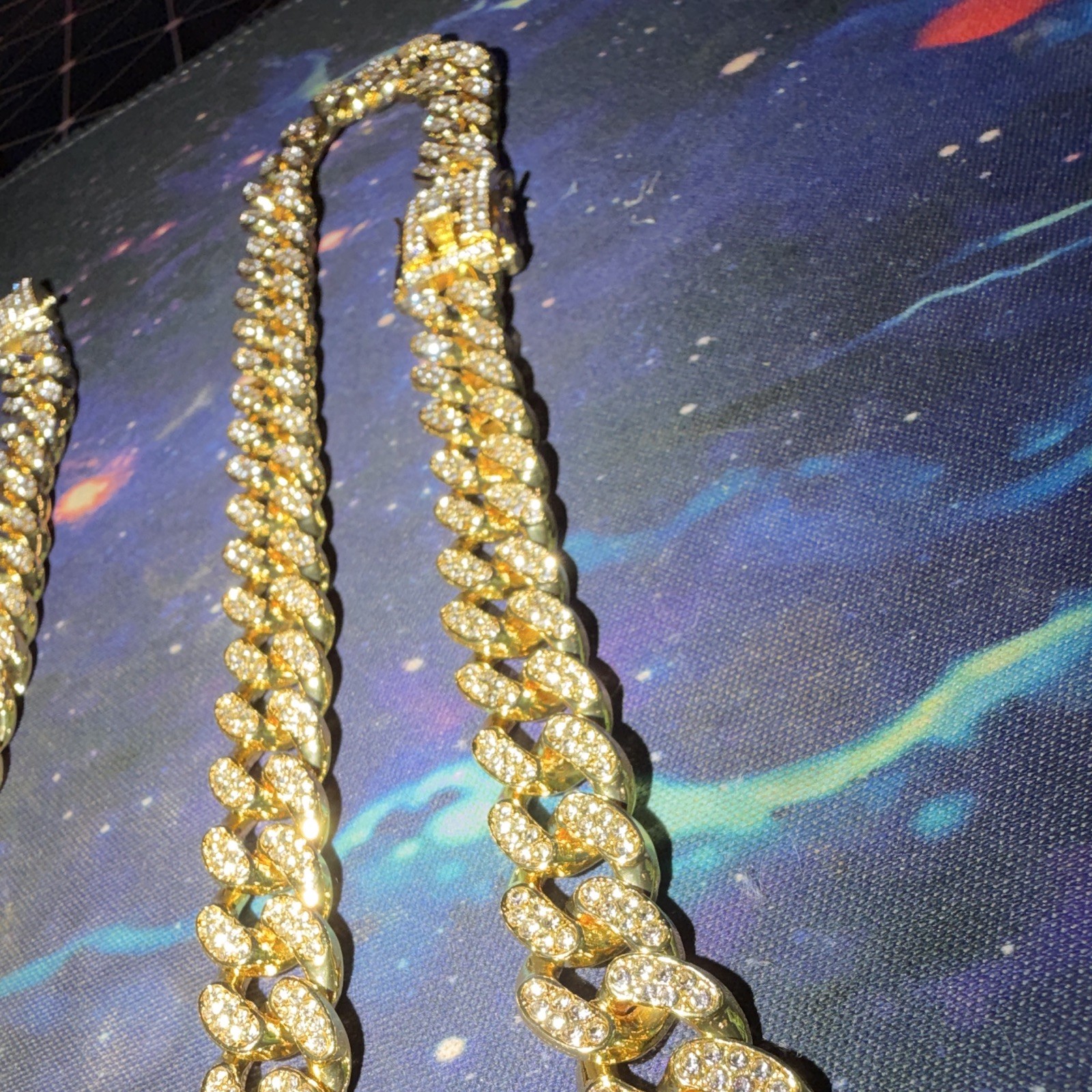 Gold Tone Iced Out Cuban Link Chain Necklace And Matching Bracelet