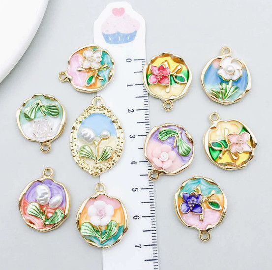 50pcs flower Enamel Metal Charms Pendants key Jewelry Making