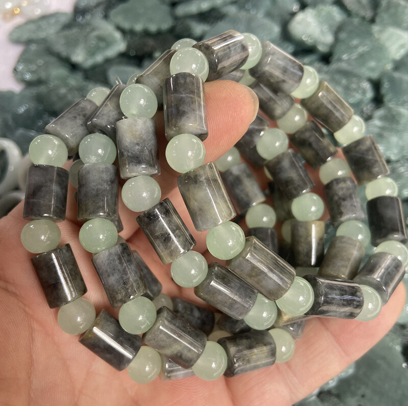 Certified Gray Natural Type A Jade Jadeite Carved Circle 路路通 Bead Bracelet 7.5“