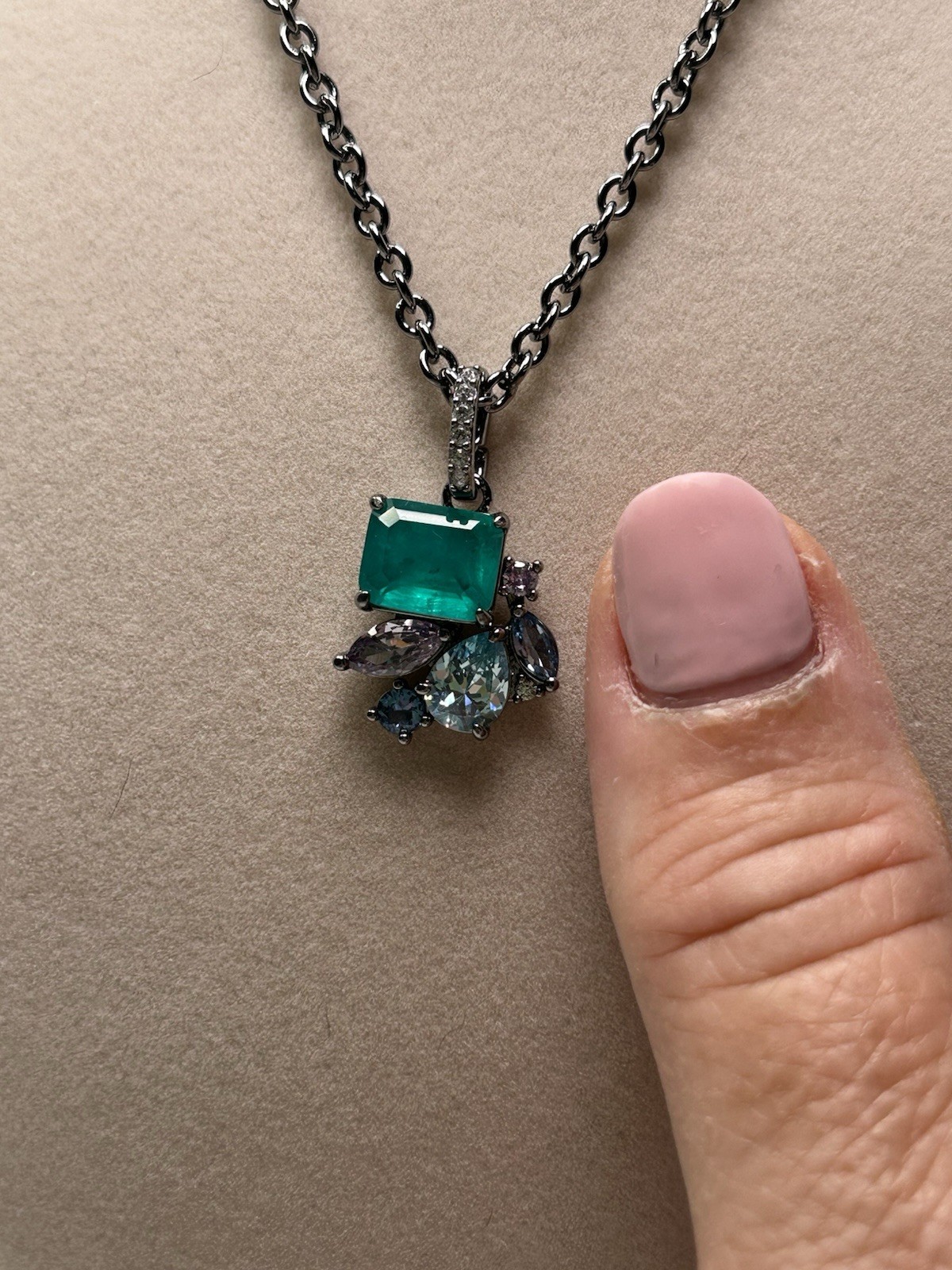 Hematite plated Cable Chain Necklace with Green Blue Cluster Rectangular Pendant