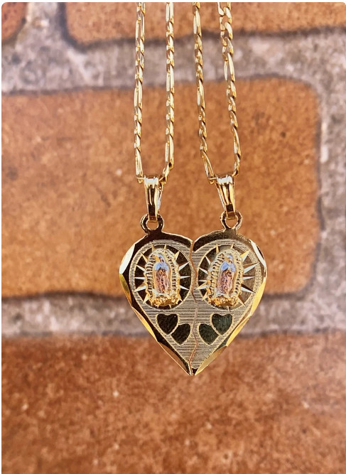 Virgencita de Guadalupe Pendant Heart Broken 14K Gold Filled Necklace 22″ Figaro