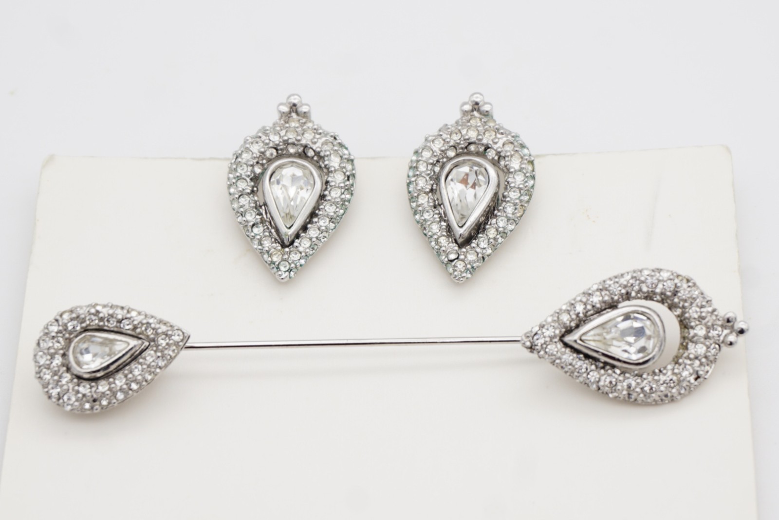 Christian Dior Vintage Peacock Eye Water Drop Whole White Crystals 2 Set, Silver