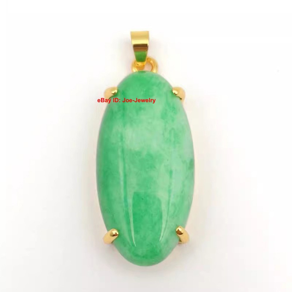 New Yellow Plated Alloy Heated Green Jade Oval Pendant Best Gift 38mm H
