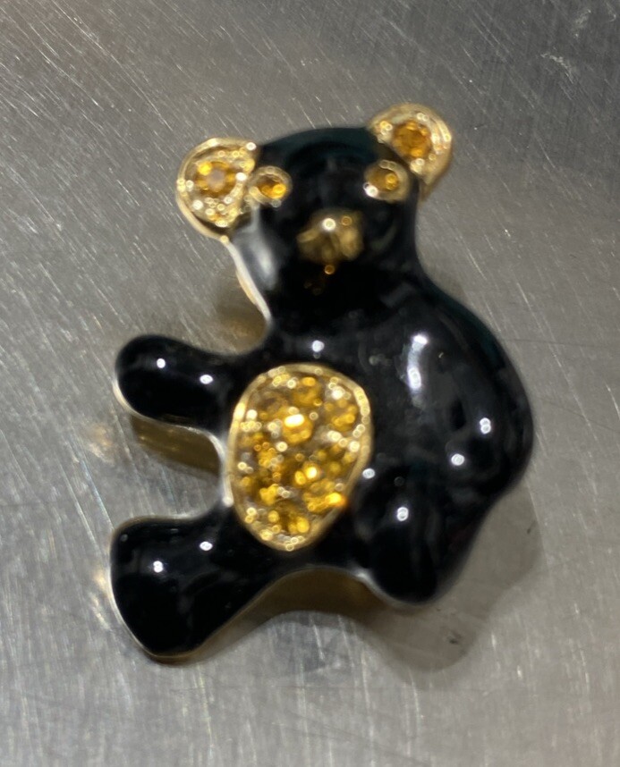 Vintage ROMAN Teddy Bear Pin Black Enamel With Amber Rhinestones Signed