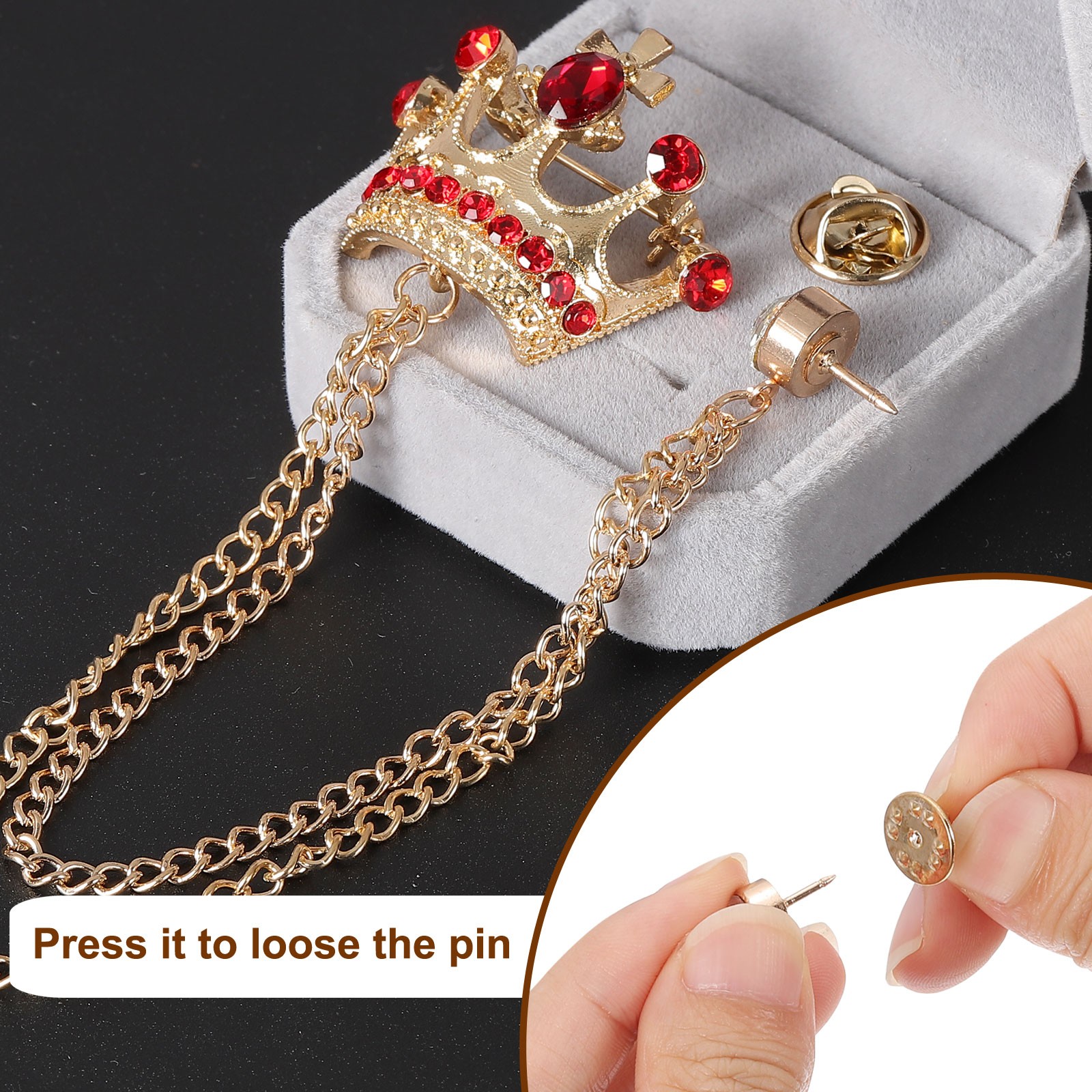 Crown Hanging Chain Brooch Pins Rhinestone Suit Pins Gold Tone White