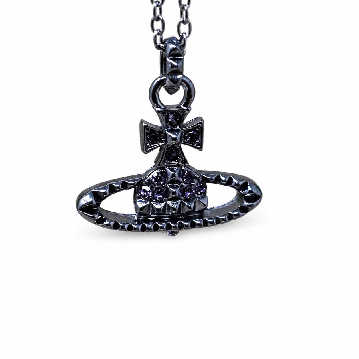 Vivienne Westwood Necklace Black Studded Orb Pendant With Purple Crystals & Box