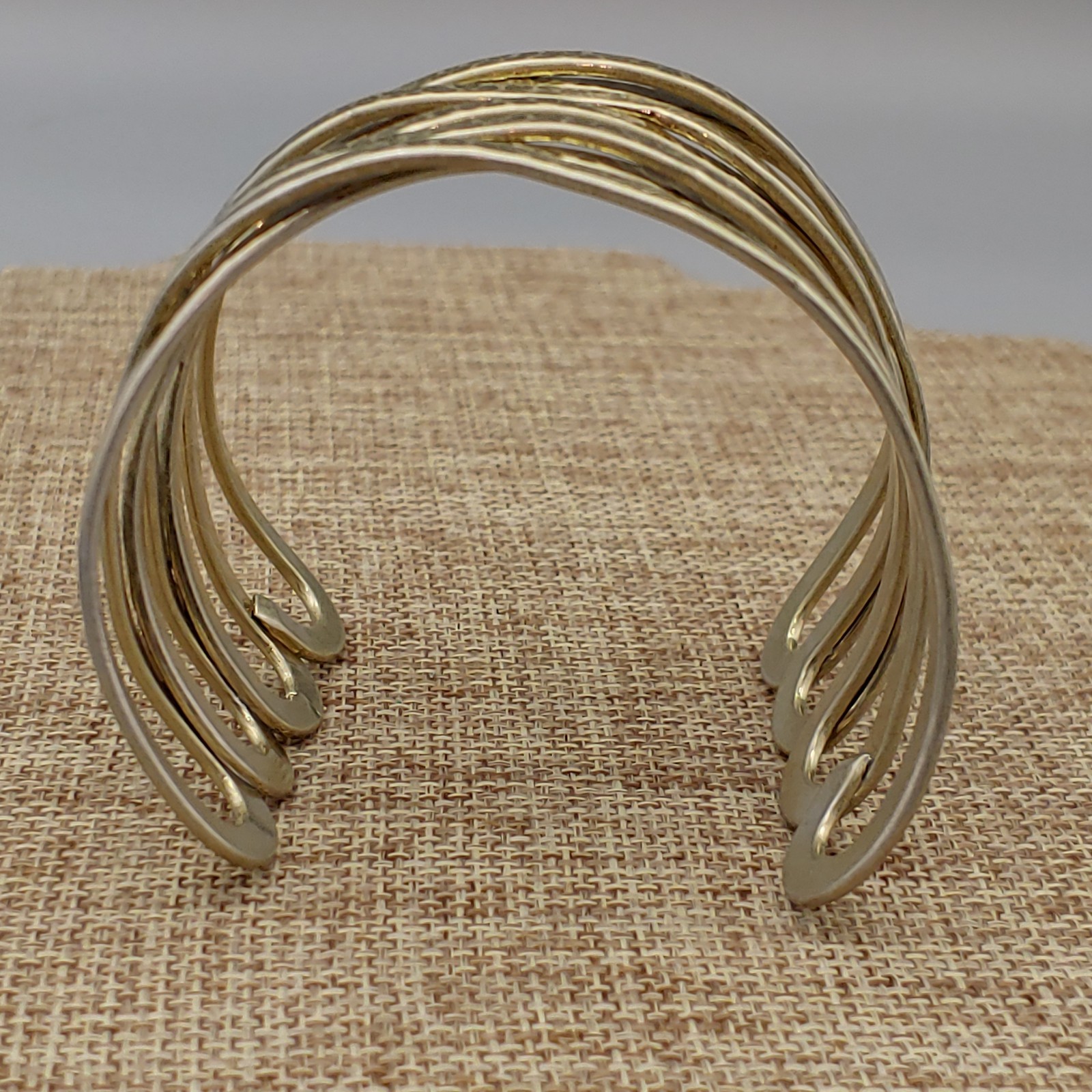 Cuff Hammered Bracelet Wide Gold Tone Metal Open “X” Cross Weave Statement 7″