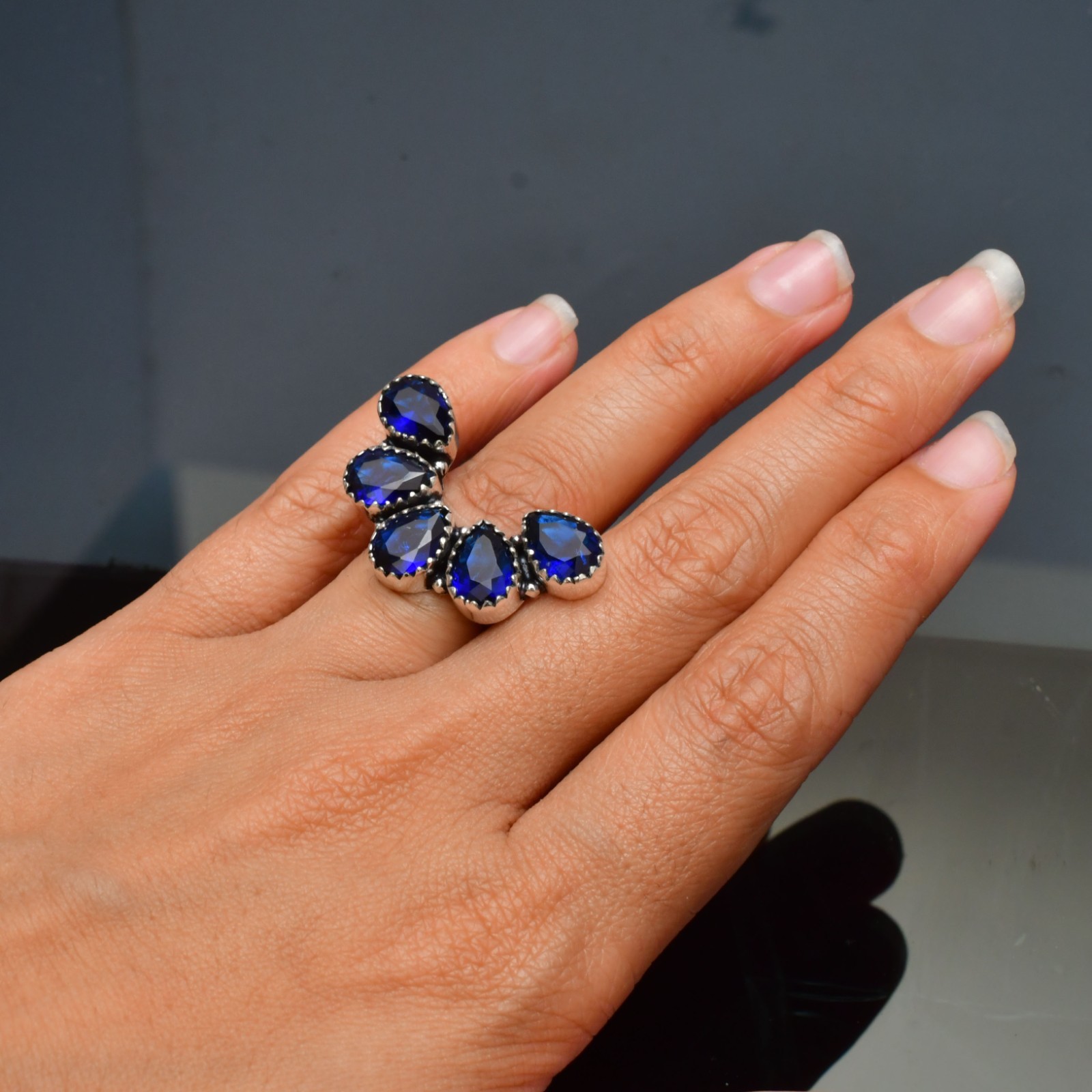 Blue Sapphire (Lab-Created)Gemstone 925 sterling silver Handmade Ring- All Size