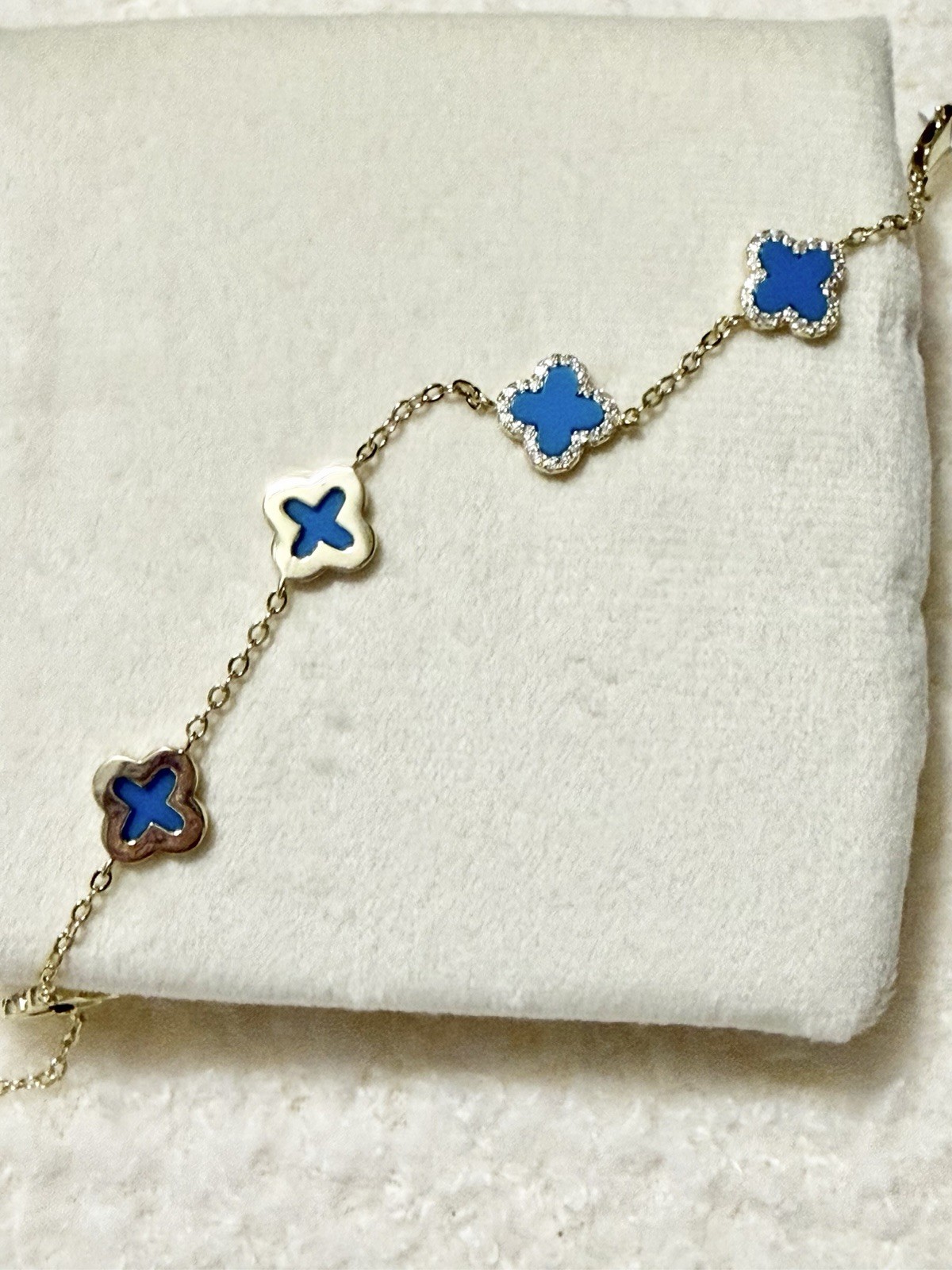925 Sterling Silver Gold Over Bracelet Blue Clover Moissanite 7-8in Lobster