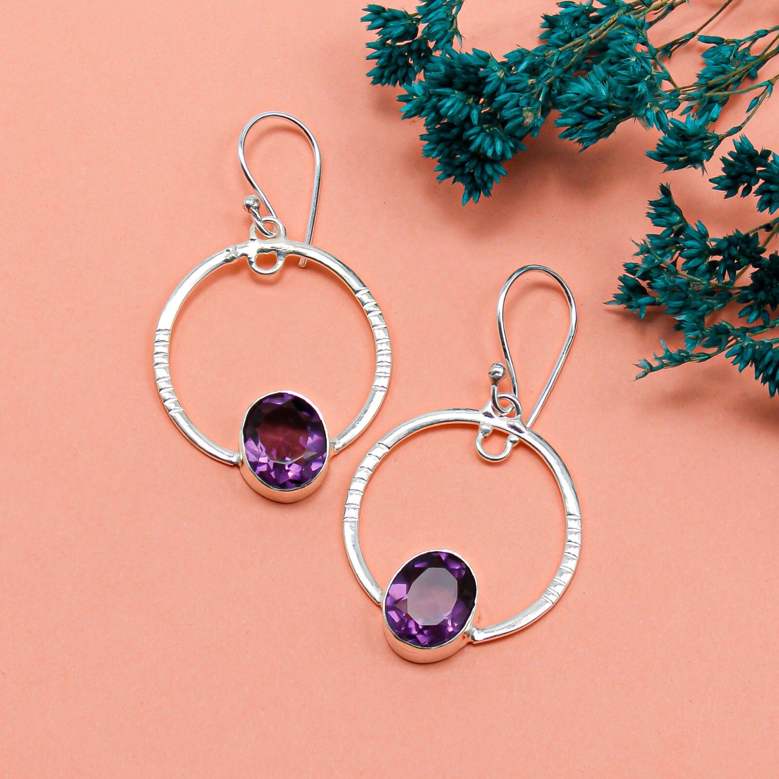 African Amethyst Gemstone Sterling Silver Jewelry Handmade Earrings Gift 1.37”