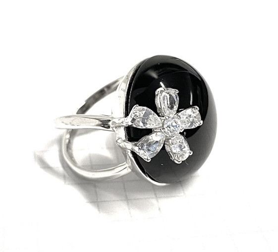 (SIZE 6,7,8,9) Large ONYX STONE & CZ FLOWER RING .925 STERLING SILVER