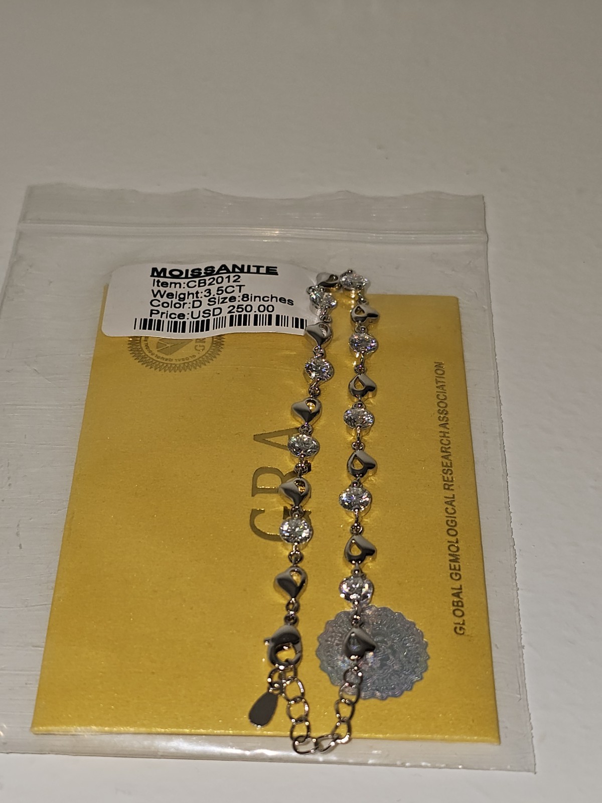 3.5 Carat Moissanite Hearts Bracelet 14k White Gold Plated 7-8 Inch Adjustable