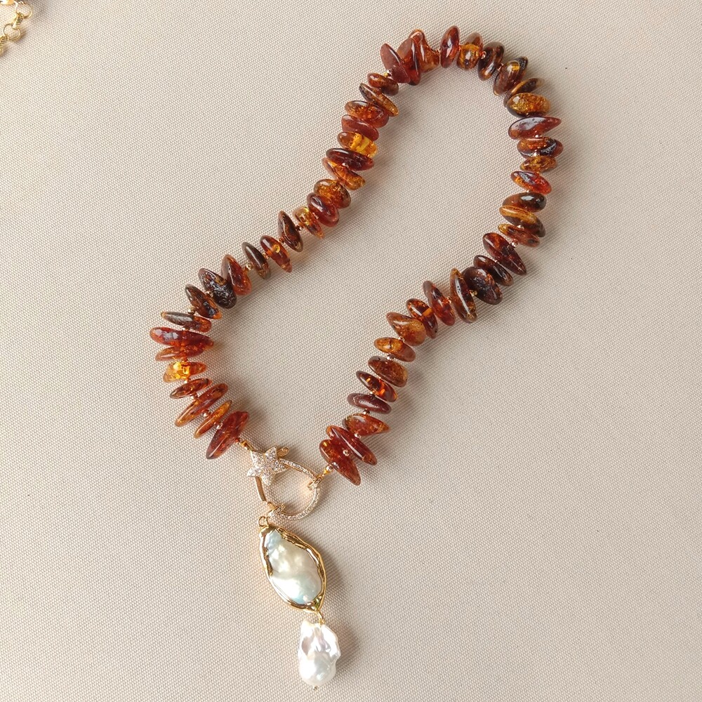 Natural Amber Necklace Cultured White Baroque Pearl Pendant