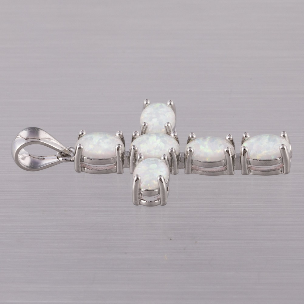 Latin Cross Oval White Fire Opal Cabochon Silver Jewelry Necklace Pendant