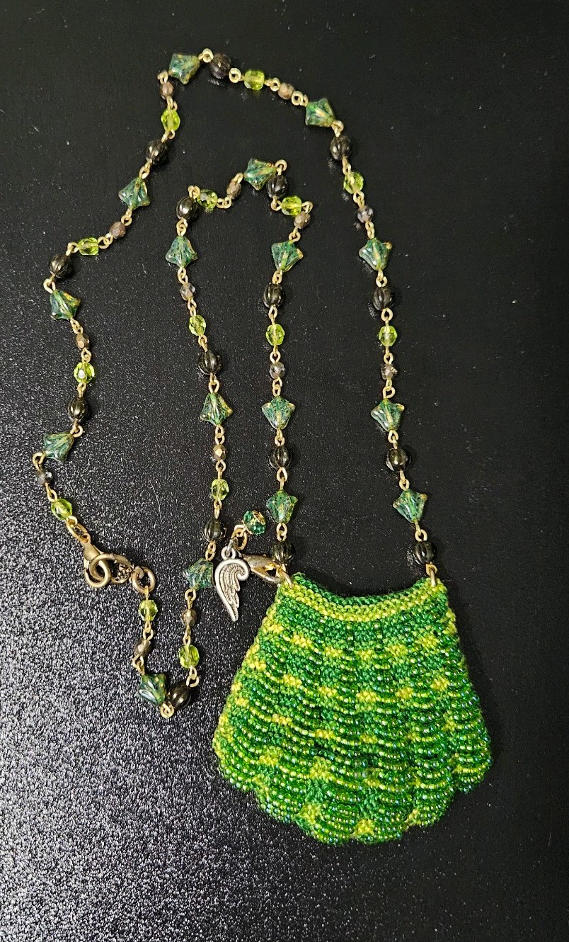 Green Glass Beaded Pendant Necklace w/ Angel Charm, Beaded Chain, Hook
