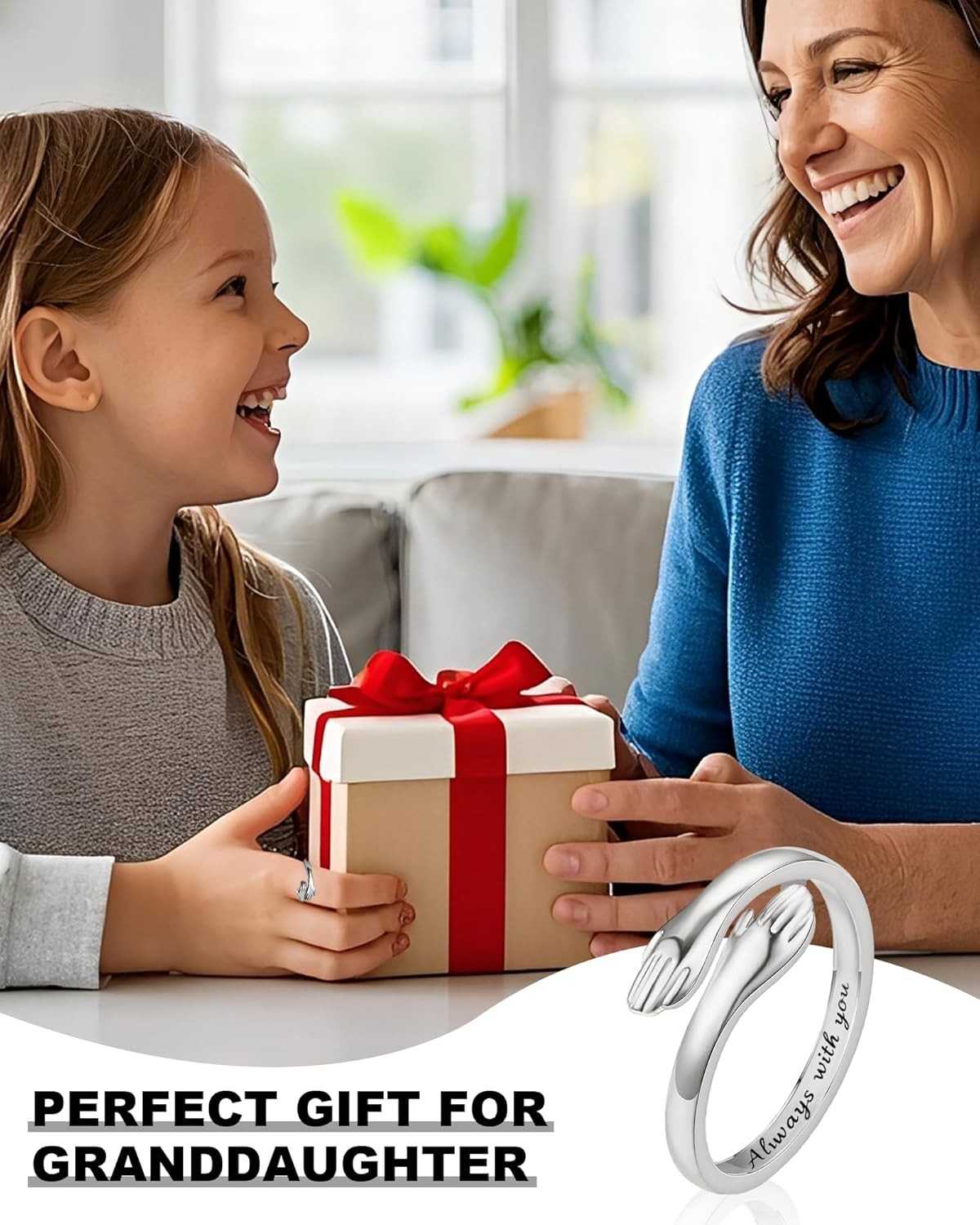 To My Granddaughter Hug Ring Stainless Steel Engraved Always with You Hope Ring