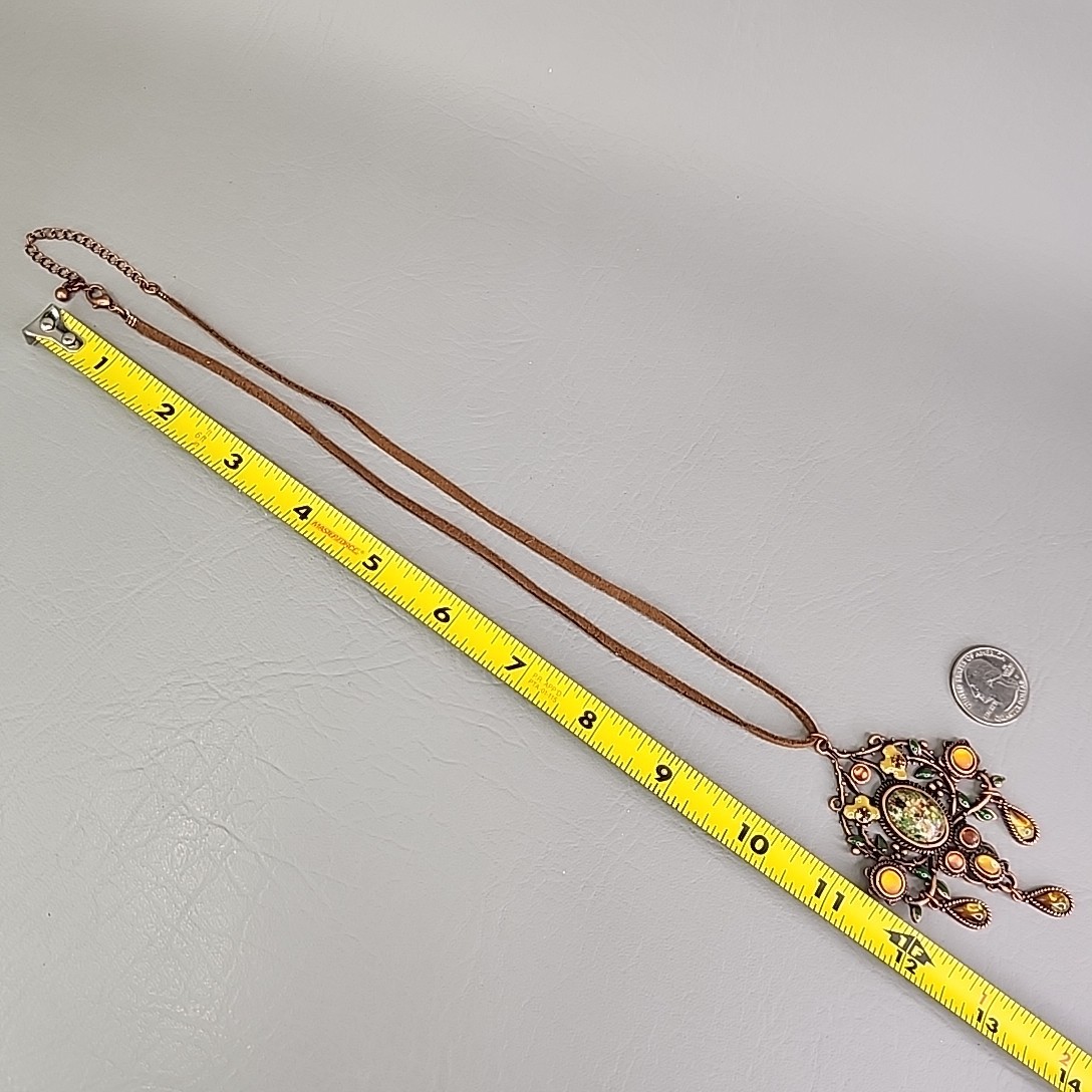 Art Nouveau Revival Pendant Necklace Speckled Oval Brown Suede Cord 20″