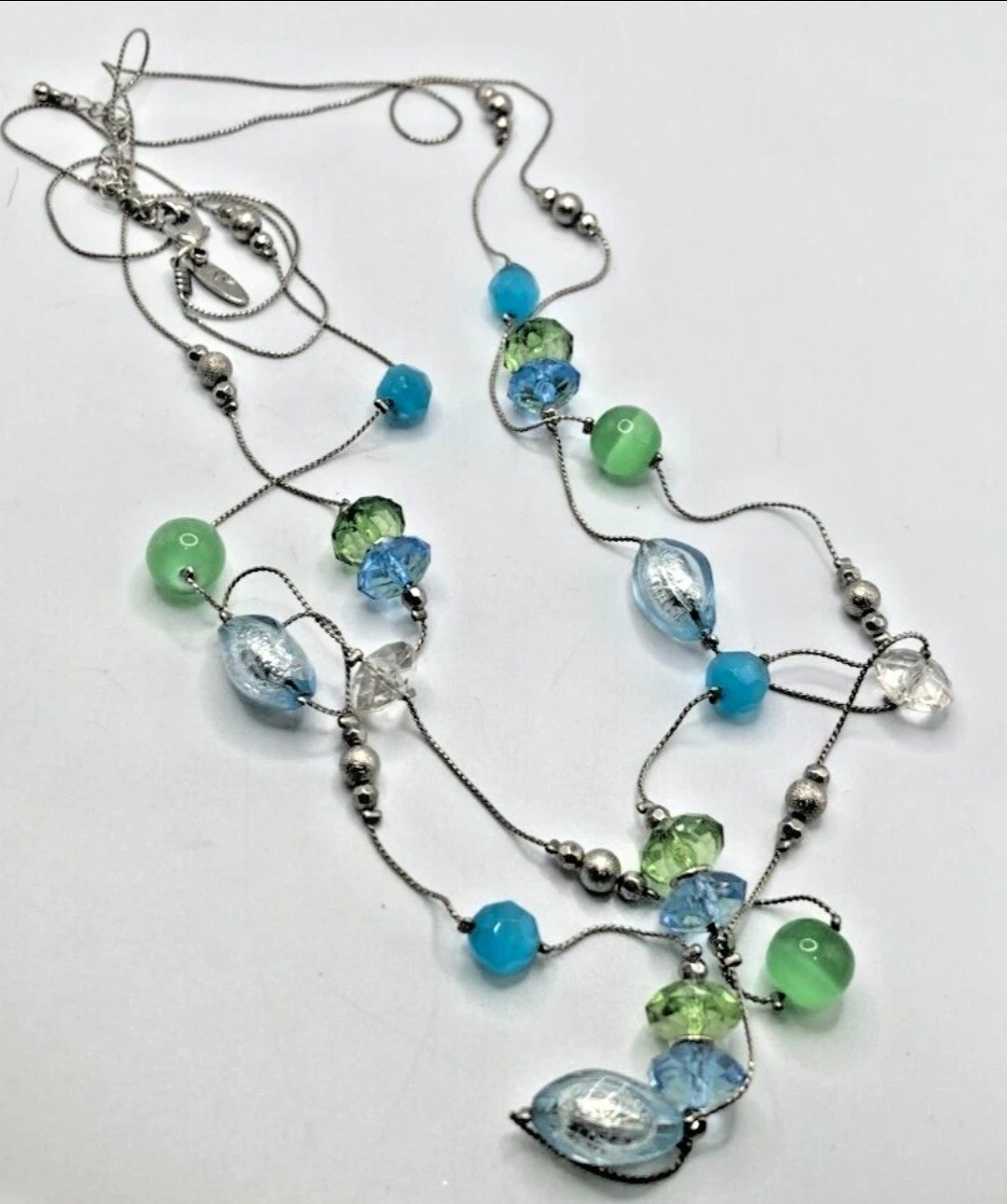 NY long double strand station necklace translucent blue acrylic beads 18″-20.5″
