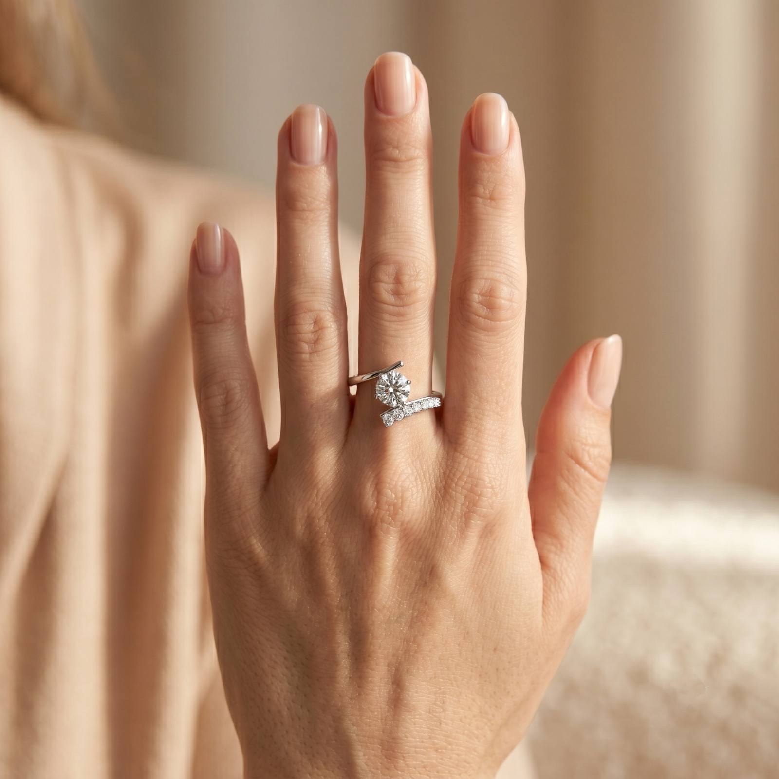 Round Cut CZ Engagement Ring, Cubic Zirconia Solitaire Ring, Bypass Promise Ring