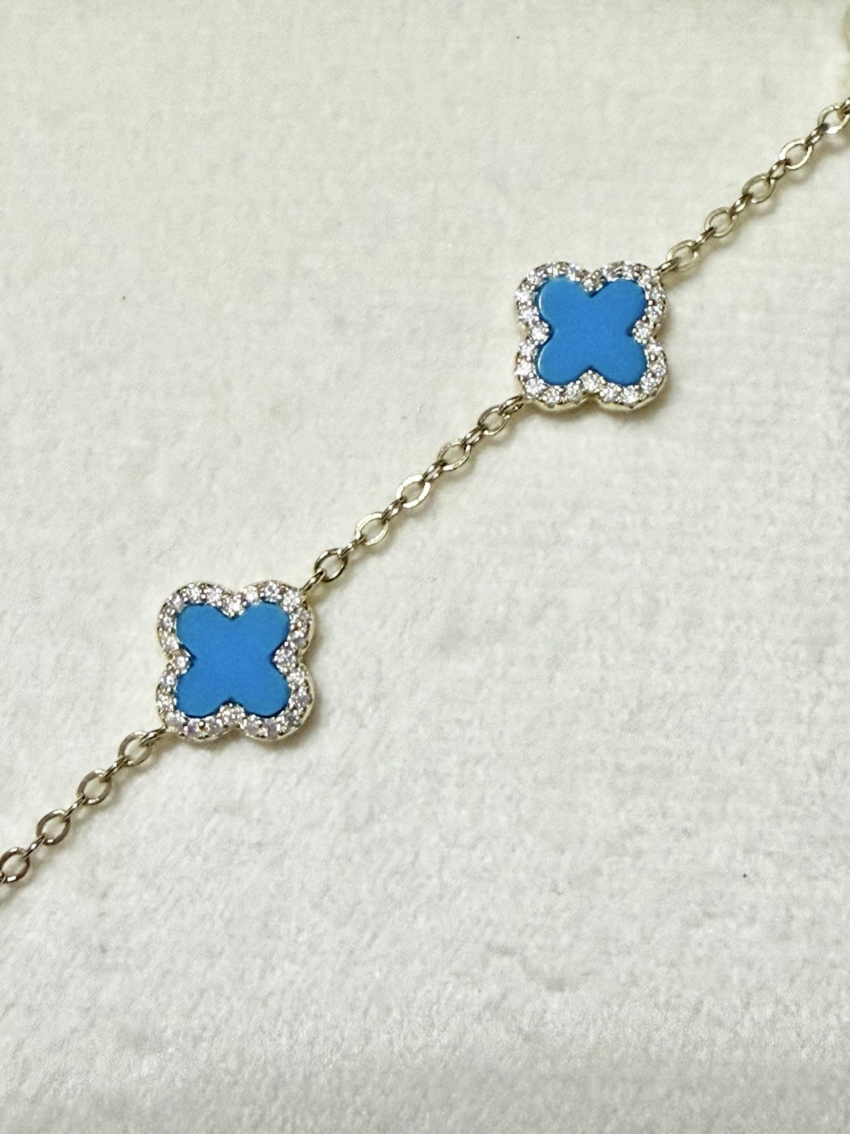 925 Sterling Silver Gold Over Bracelet Blue Clover Moissanite 7-8in Lobster