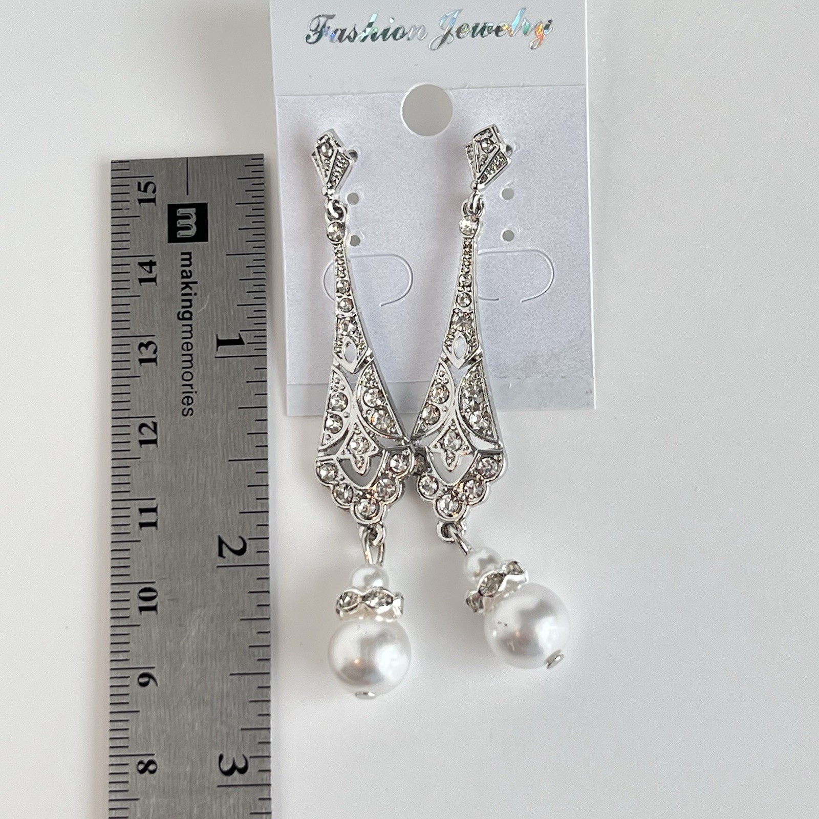 Costume Pearl 30 In Necklace & Bracelet And Drop Earrings With Rhinestones
