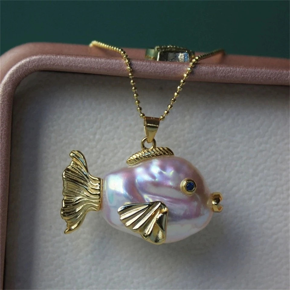 Clownfish Pendant Necklace Pearl Fish Shape O Chain Marine Theme Jewelry