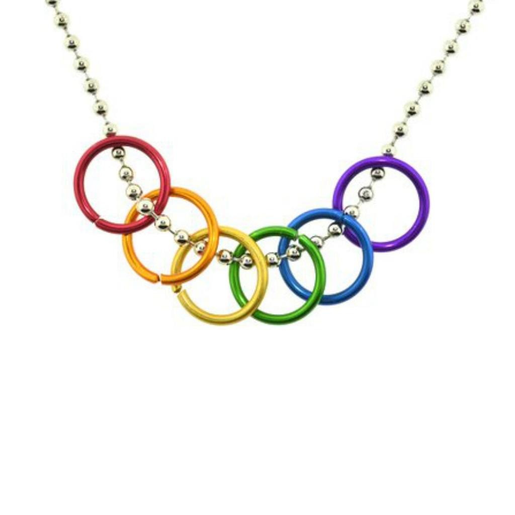 FREEDOM RINGS NECKLACE 20″ Stainless Steel Chain LGBTQ PRIDE Gay Lesbian Rainbow