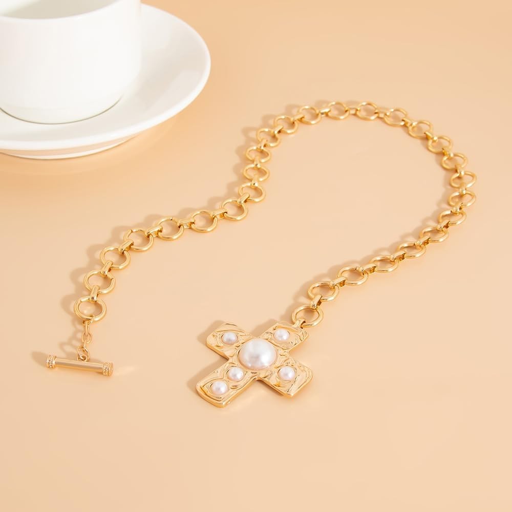 GIGB PBDK Chunky Gold Cross Necklace for Women,Vintage Statement Layered Necklac