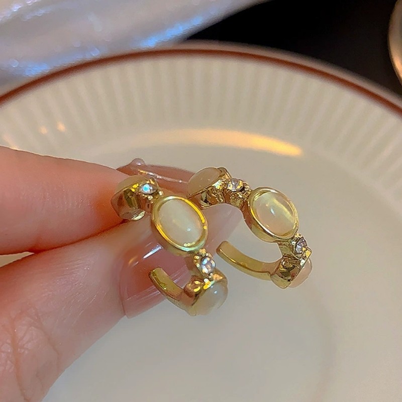 Fashion Gold-plated Irregular C-shaped Opal Stone and CZ Inlaid Stud Earrings