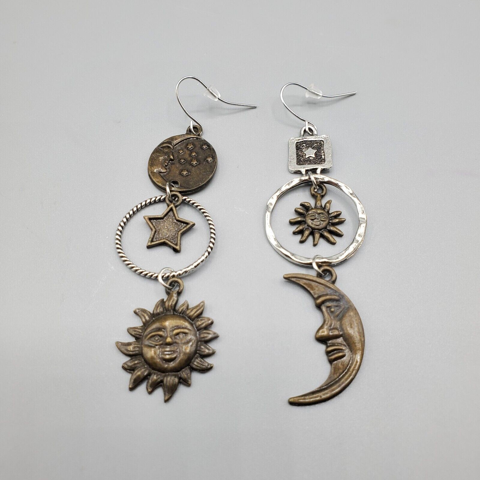 Sun & Moon Earrings, Star, Asymmetrical, Unique, Mixed Metal, Brass, Antiqued