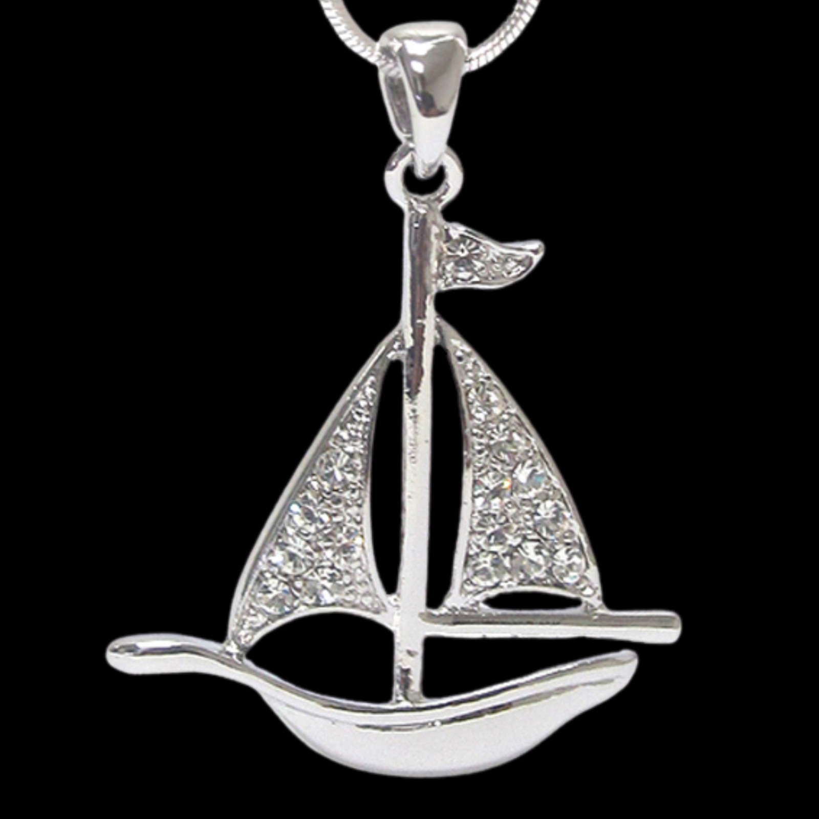 Crystal Stud Sailboat Pendant Necklace White Gold