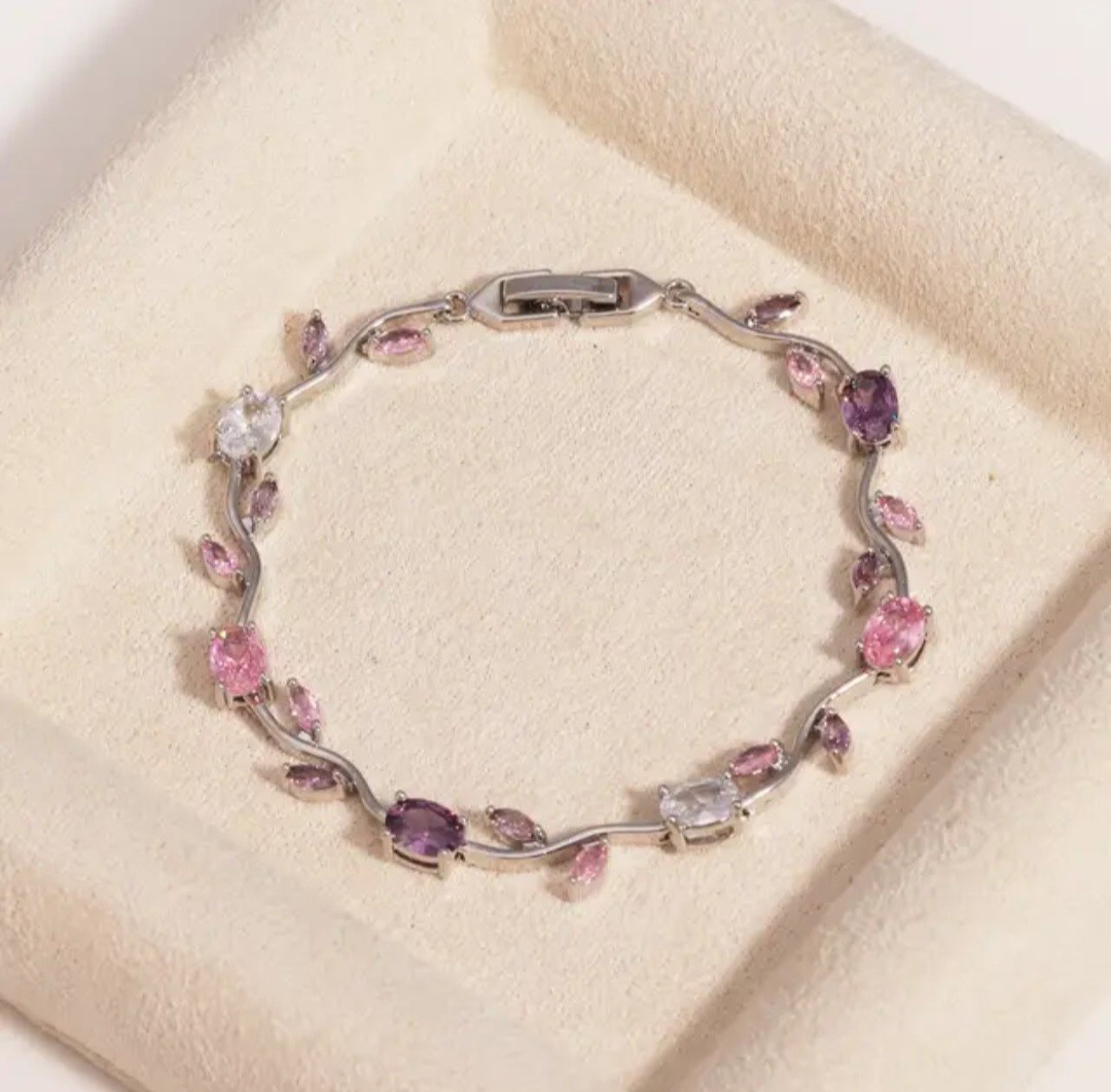 Gold Tone Tennis Bracelet Pink Purple Clear Stones Leaf Nature Theme
