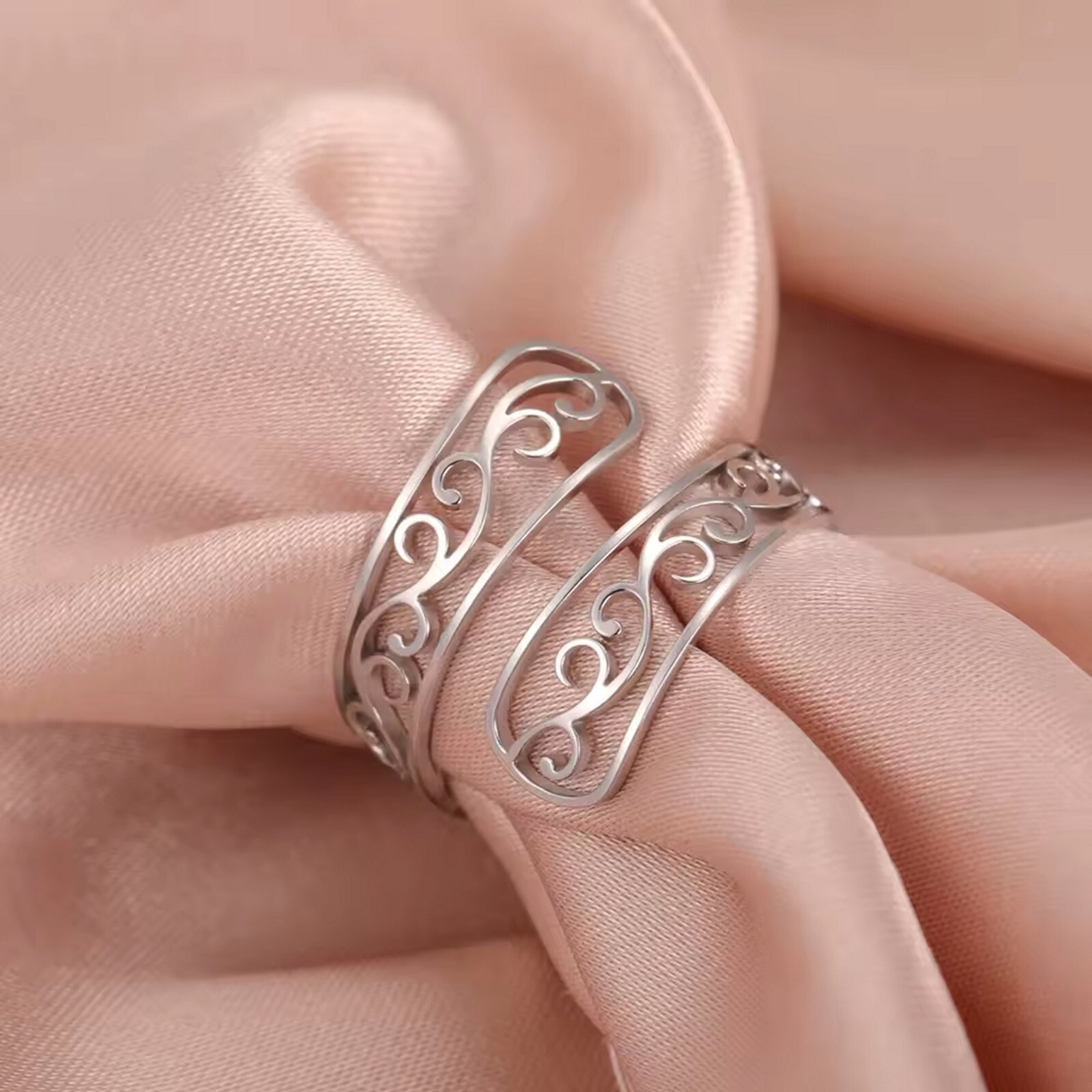 Womens Bohemian Wrap Ring Silver 316L Stainless Steel Boho Filigree Spoon Band
