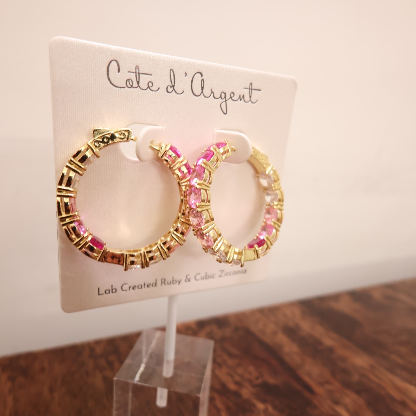 Cote d’Argent earrings pink crystal hoops inside-out lab-created rubies CZ 925