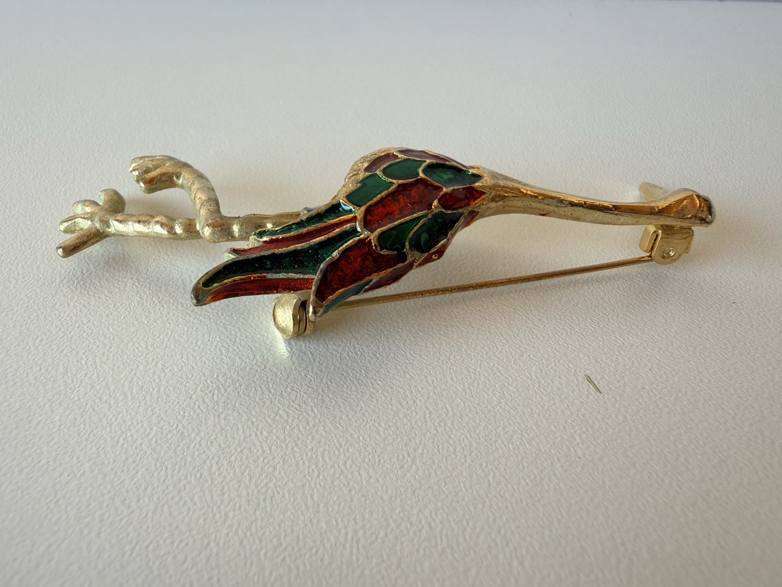 VTG Crane Brooch Pin Red Green Blue Enameled Gold Tone Bird 3.25”