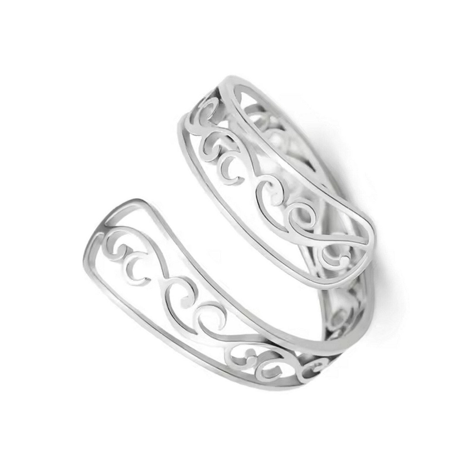 Womens Bohemian Wrap Ring Silver 316L Stainless Steel Boho Filigree Spoon Band