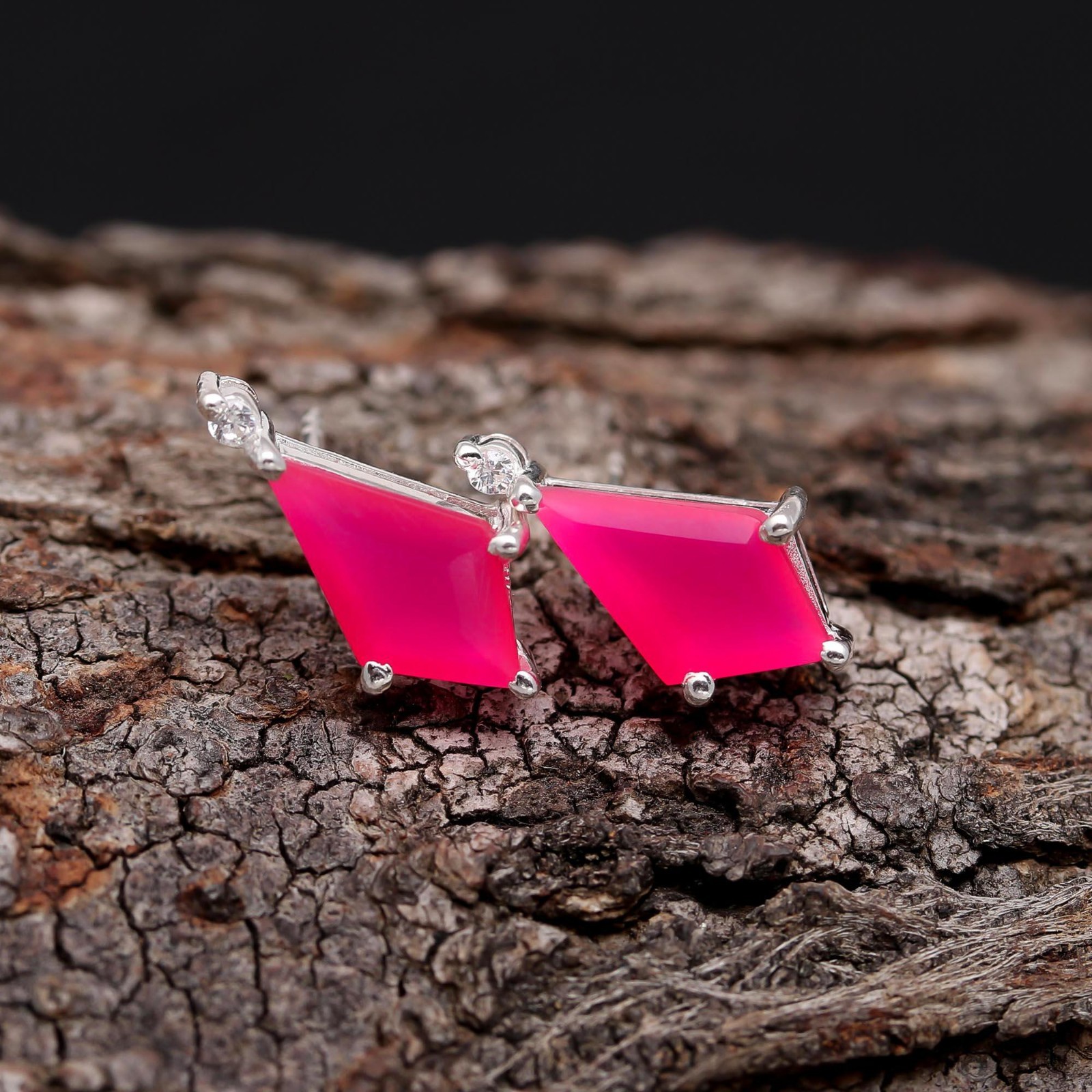 Natural Pink Chalcedony Kite Stud Earrings 925 Sterling Silver Handmade Jewelry