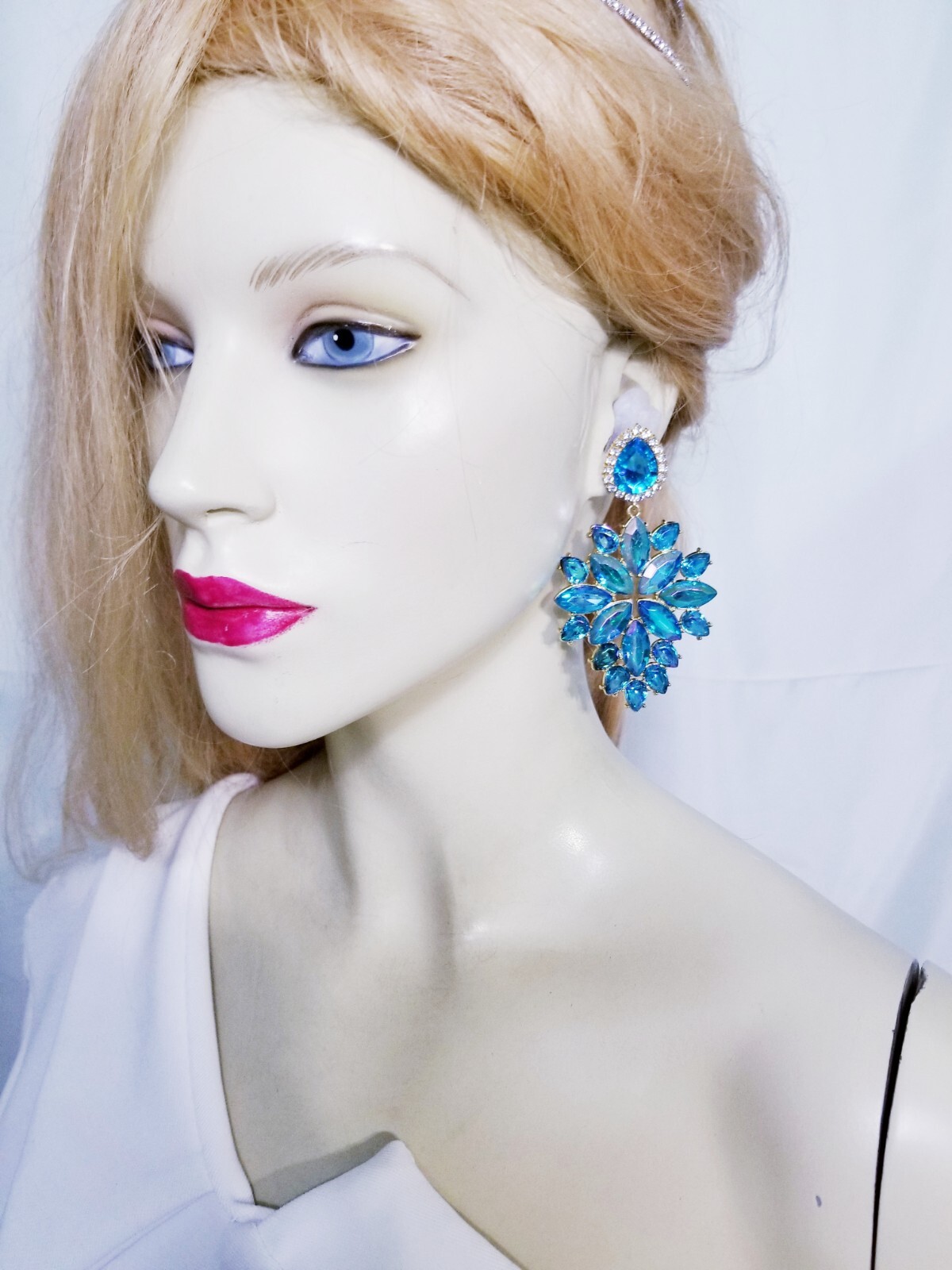 Aqua Crystal Bridesmaid Rhinestone Chandelier Drop Earrings 3.6 inch Jewelry