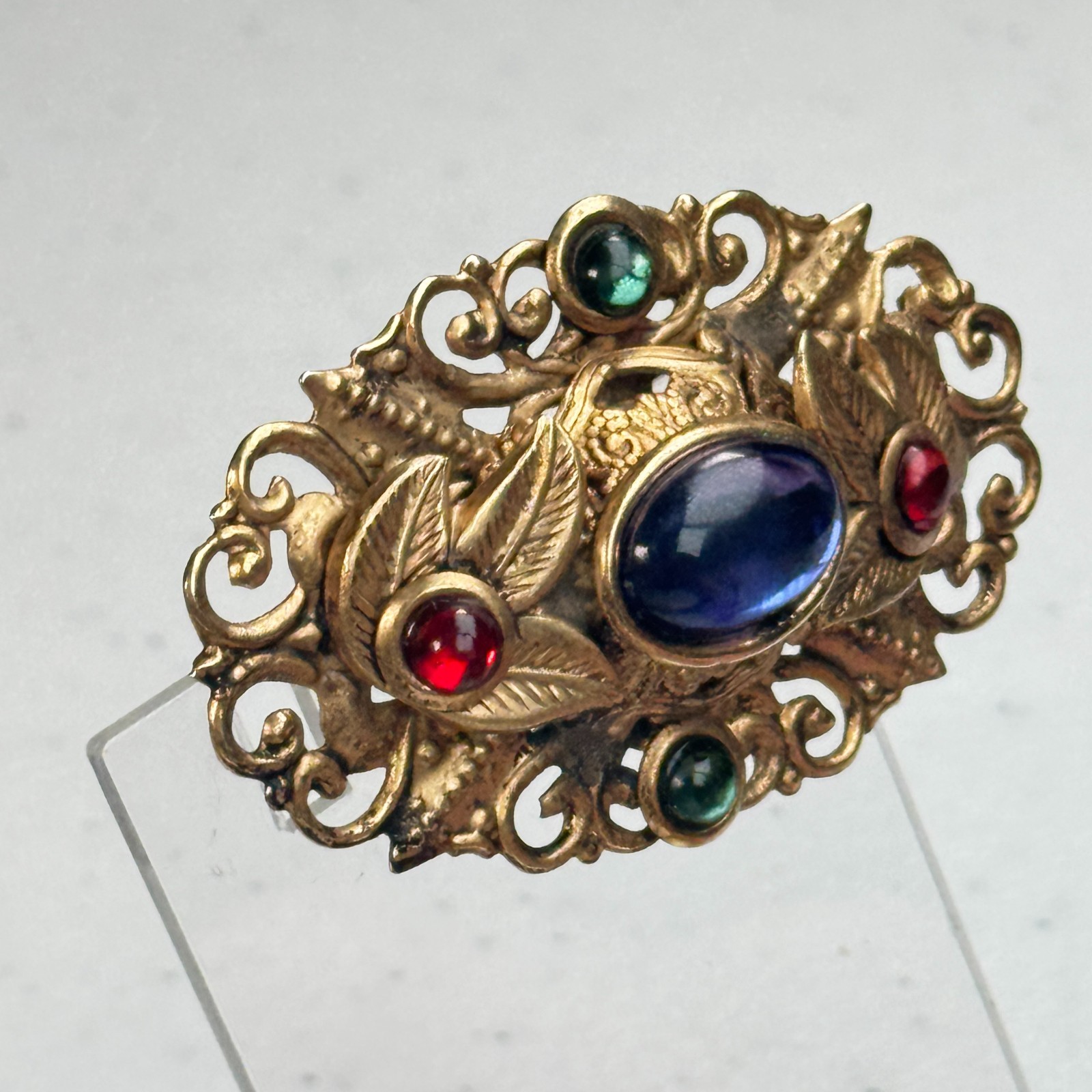 Vintage Brooch Blue Red Green jewel tone Gold Tone Ornate Floral Filigree mcm
