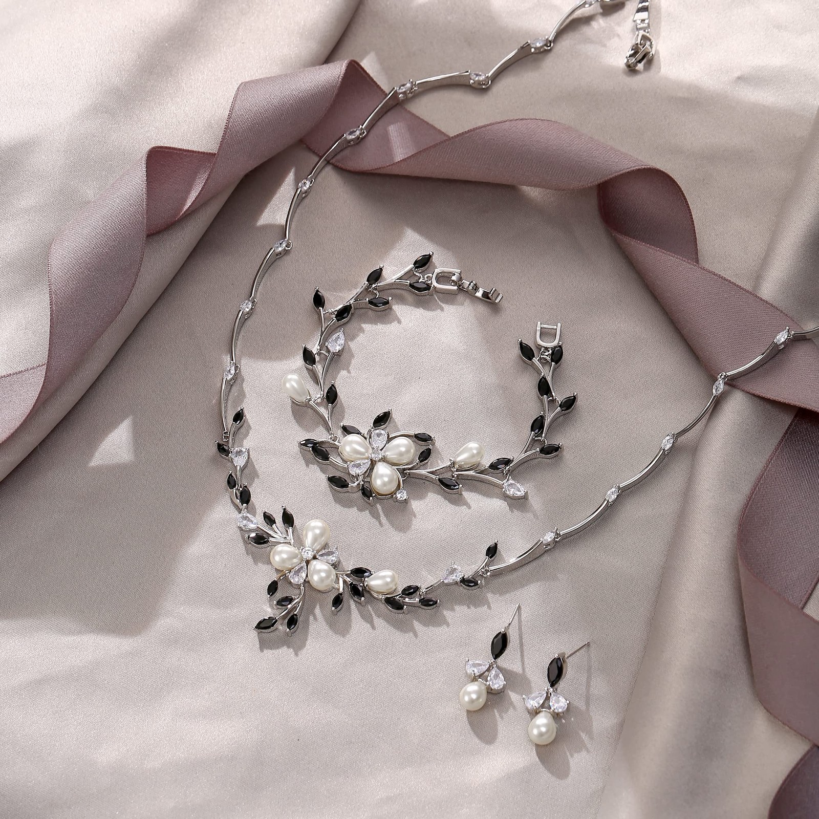 Party Prom Cubic Zirconia Jewelry Set, Simulated Pearl Black Marquise Flower …
