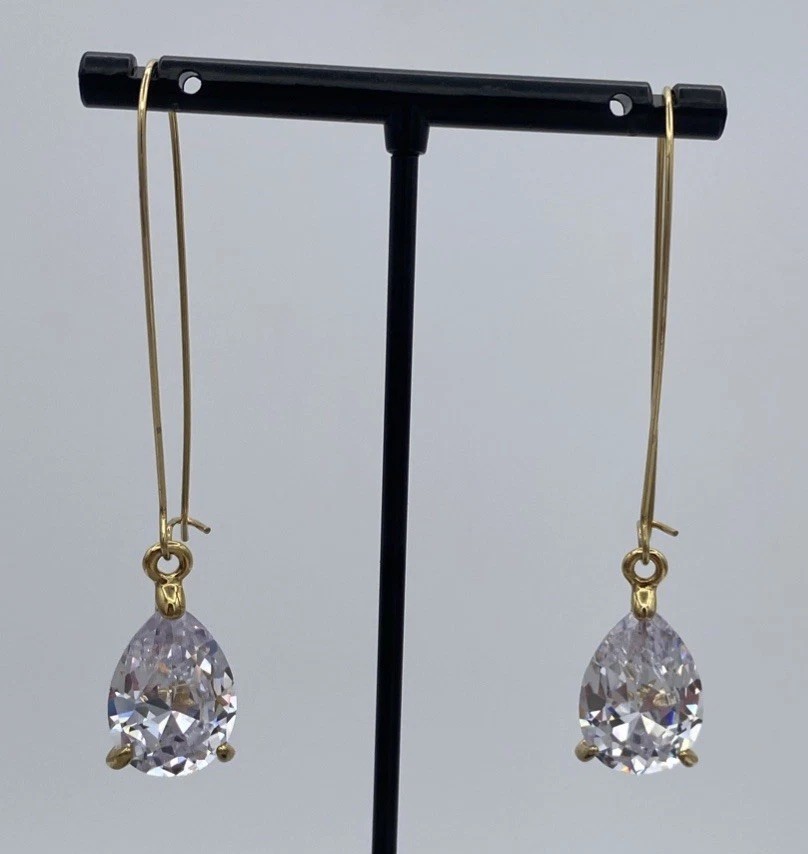 Vintage Gold Tone Pear Shaped Clear Crystal Kidney Wire Dangle Drop Earrings