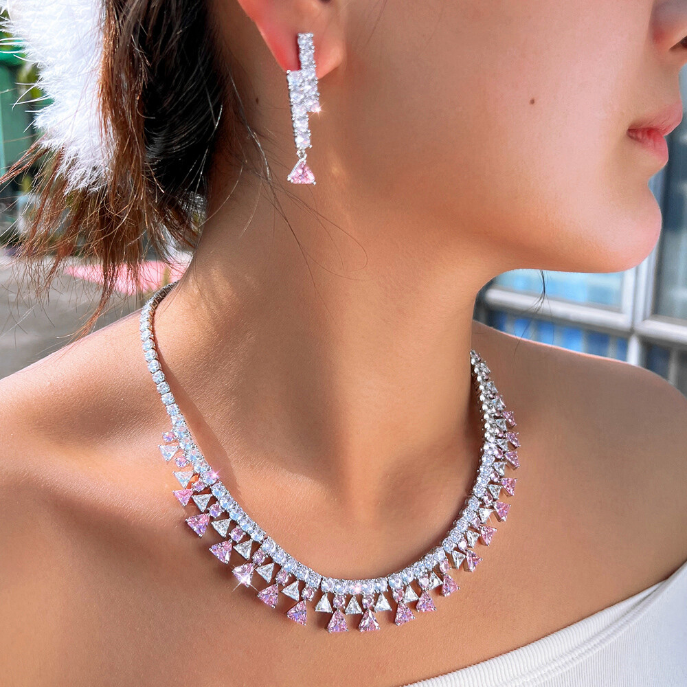 Chic Silver Plated CZ Pink Triangles Square Tennis Necklace Earrings Jewelry Set