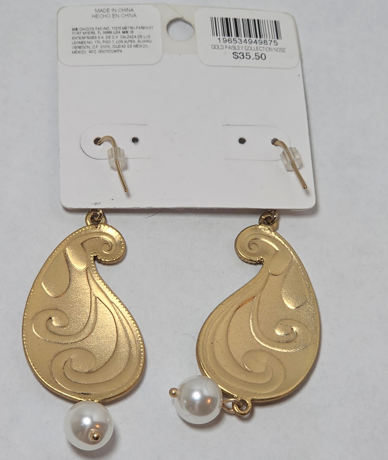 Chico’s No Droop Gold Paisley Drop Earrings Faux Pearl Crystal NWT Nickle Free
