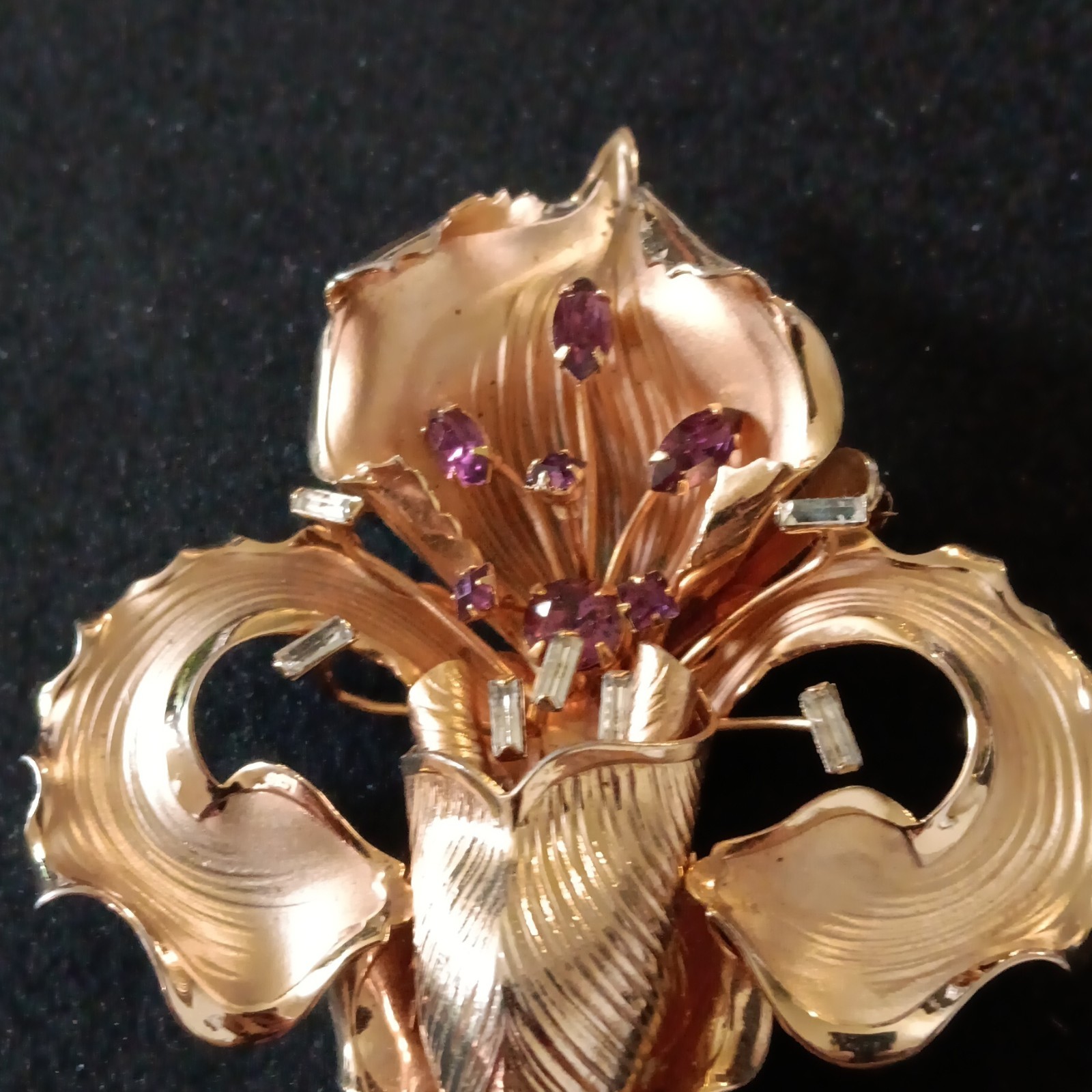 Vintage gold Tone Pin ,Purple &clear Rhinestones Accents ,Metal 3 in