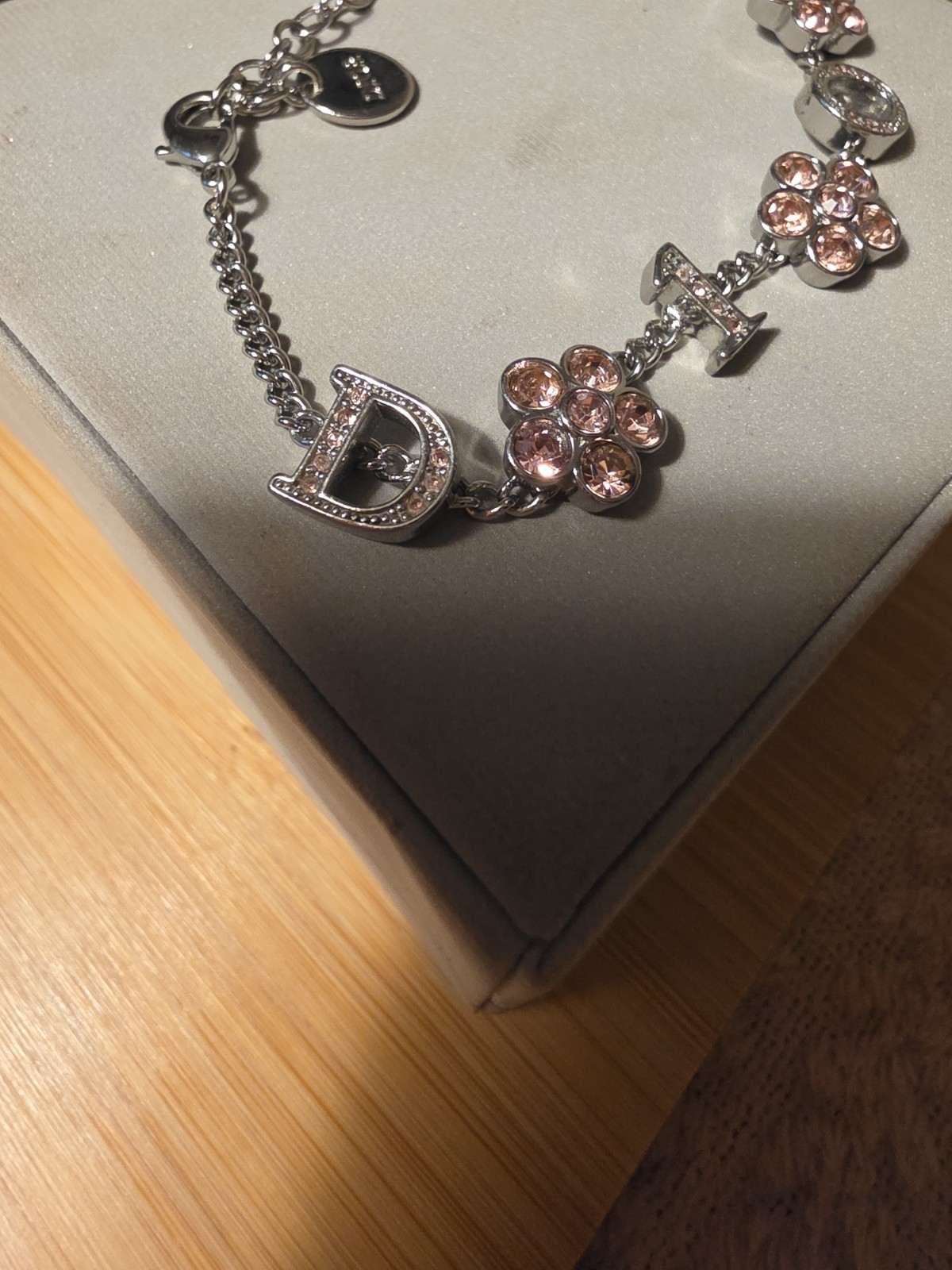 Dior Signed Silver Tone Charm Chain Bracelet Pink Crystal Flower Charms
