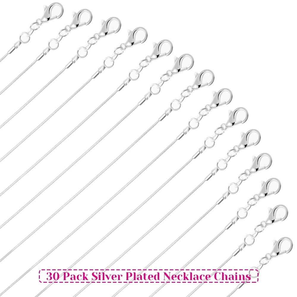 30 Pack Silver Plated Snake Chains 18″ for Jewelry Making – 1.2mm Bulk Necklaces