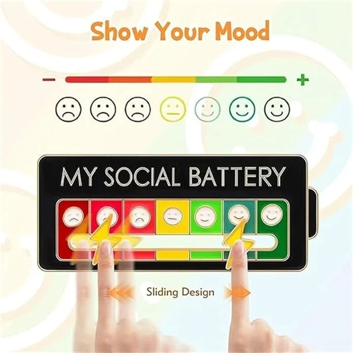 Funny Social Battery Slider Pin – 7-Mood Expression Badge, Cute Interactive Pin
