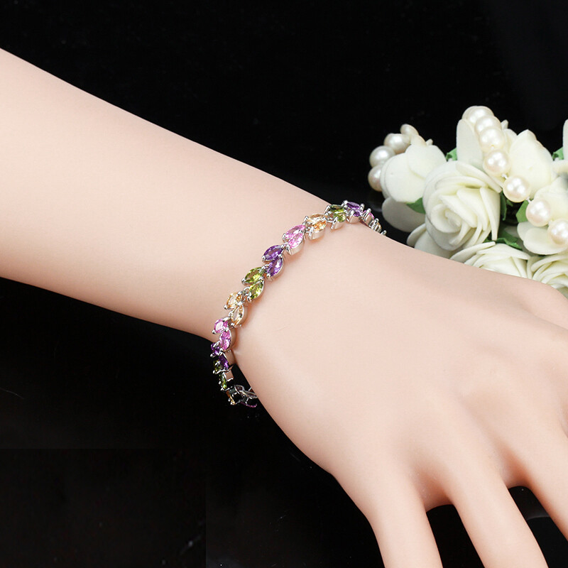 Fashion Silver Plated Marquise Cubic Zirconia Leaf Tennis Bracelet Women Jewelry