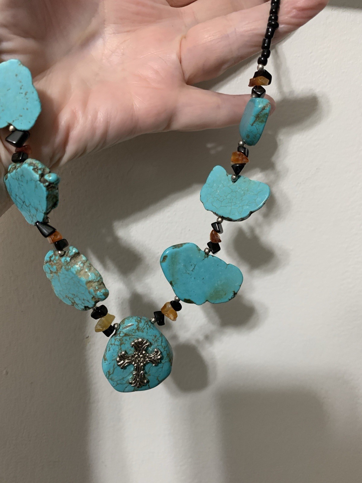Southwestern Silver tone Chunky Turquoise Slabs, With Orange & Black Beads, 22”
